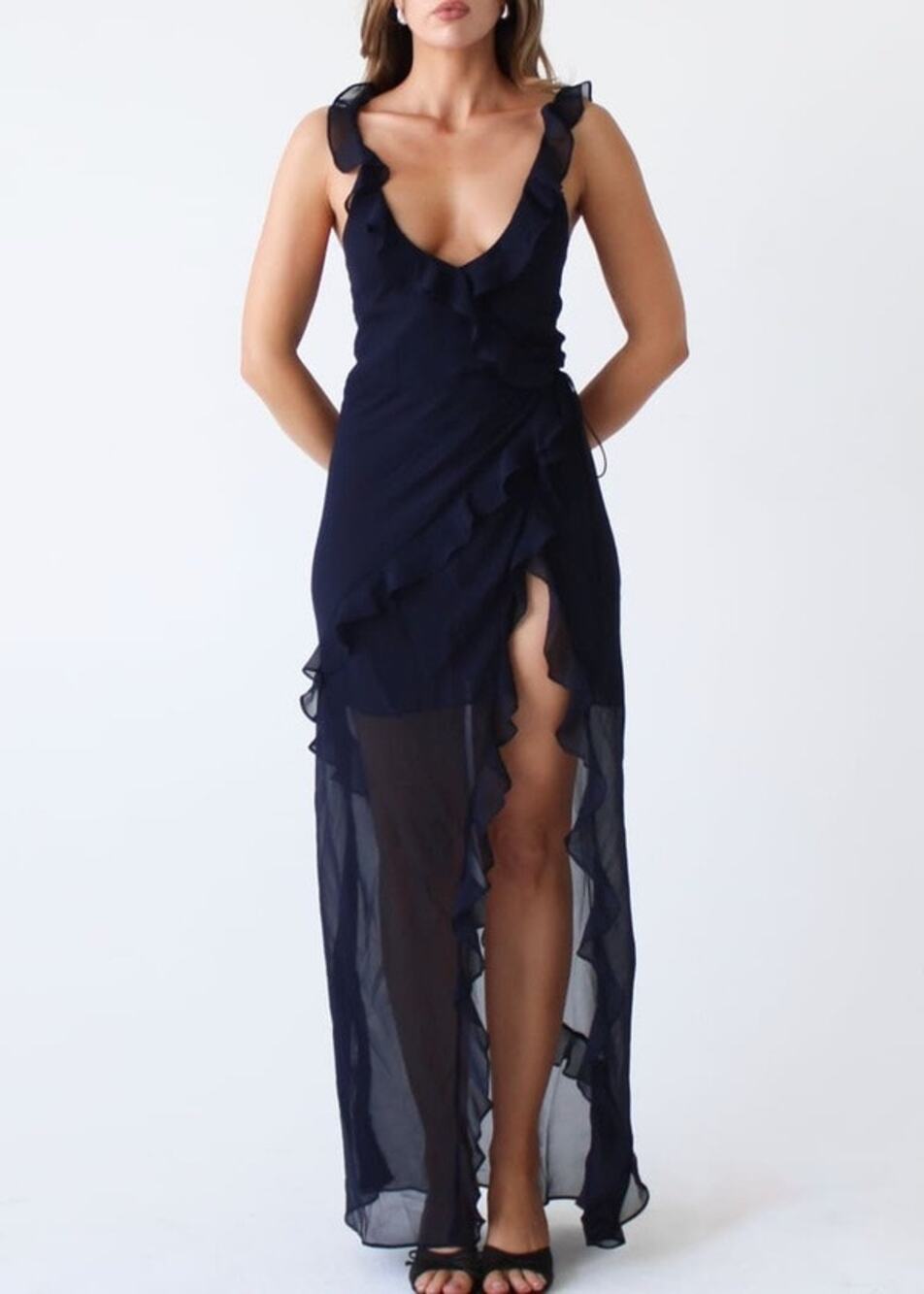 NWT Rumored Just Like Heaven Maxi Dress Navy Ruffled Party Gala Banquet Size S